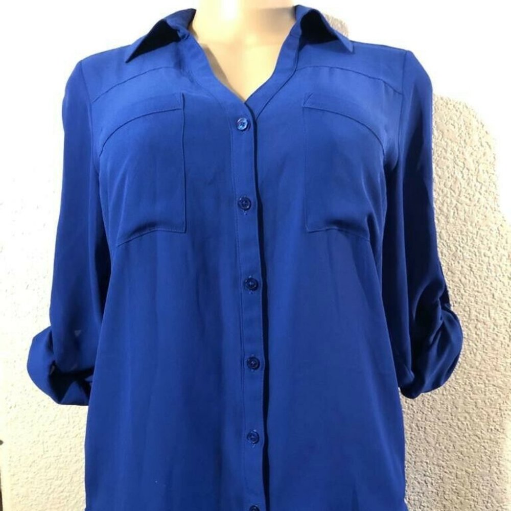 Express V neck Collar Women Sz S Blouse 3/4 Sleeve Solid color Blue